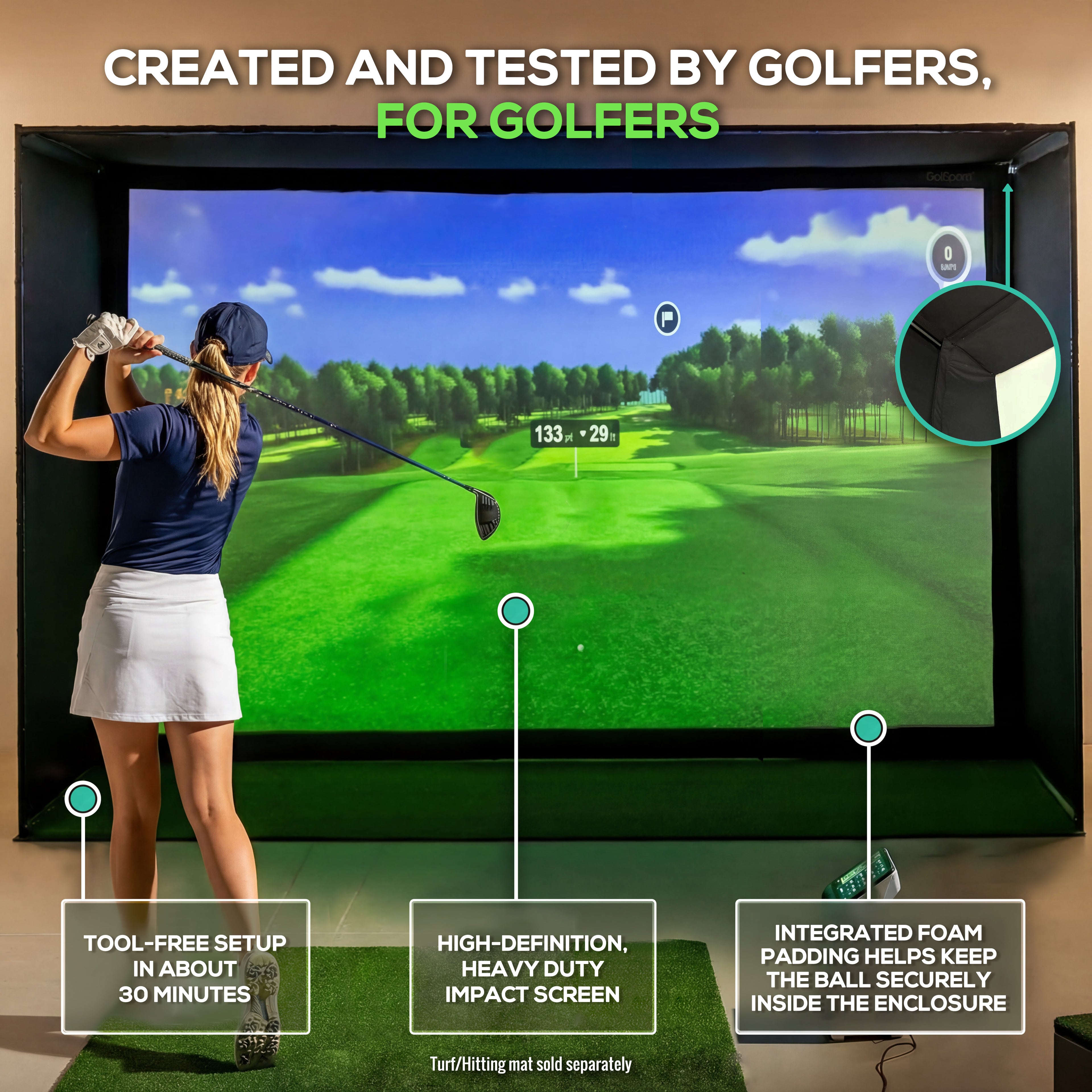 Glide Gear Golf Practice Simulator Backdrop Complete Enclosure Poles & Impact Screen
